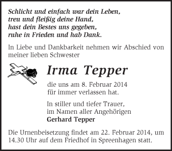 Traueranzeige von Irma Tepper von Märkische Oderzeitung