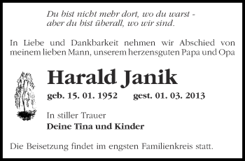 Traueranzeige von Harald Janik von Märkische Oderzeitung