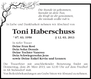 Traueranzeige von Toni Haberschuss von Märkische Oderzeitung