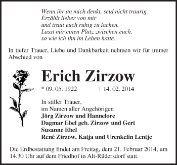 Traueranzeige von Erich Zirzow von Märkische Oderzeitung