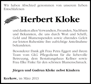 Traueranzeige von Herbert Kloke von Märkische Oderzeitung