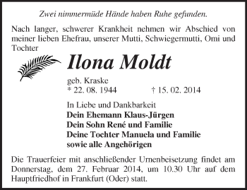 Traueranzeige von Ilona Moldt von Märkische Oderzeitung