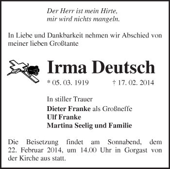 Traueranzeige von Irma Deutsch von Märkische Oderzeitung