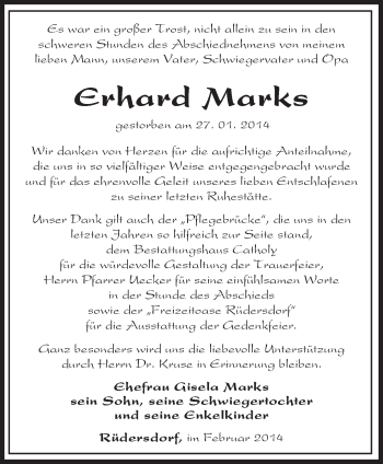 Traueranzeige von Erhard Marks von Märkische Oderzeitung