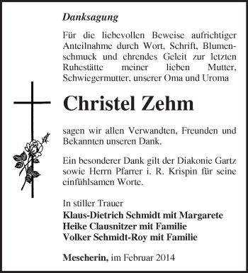 Traueranzeige von Christel Zehm von Märkische Oderzeitung