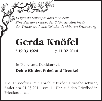 Traueranzeige von Gerda Knöfel von Märkische Oderzeitung