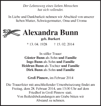 Traueranzeige von Alexandra Bunn von Märkische Oderzeitung