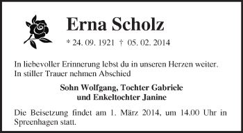 Traueranzeige von Erna Scholz von Märkische Oderzeitung