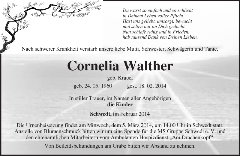  Traueranzeige für Cornelia Walther vom 25.02.2014 aus Märkische Oderzeitung