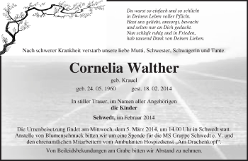 Traueranzeige von Cornelia Walther von Märkische Oderzeitung