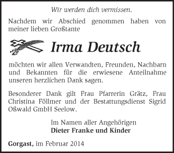 Traueranzeige von Irma Deutsch von Märkische Oderzeitung