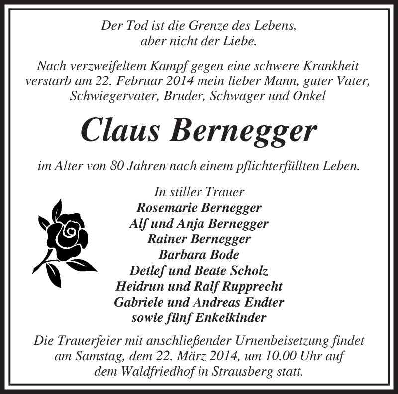  Traueranzeige für Claus Bernegger vom 15.03.2014 aus Märkische Oderzeitung