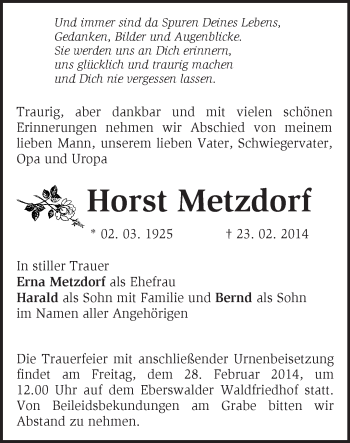 Traueranzeige von Horst Metzdorf von Märkische Oderzeitung