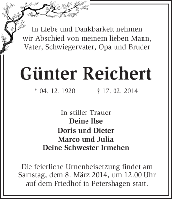 Traueranzeige von Günter Reichert von Märkische Oderzeitung