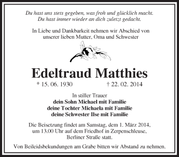Traueranzeige von Edeltraud Matthies von Märkische Oderzeitung