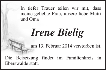 Traueranzeige von Irene Bielig von Märkische Oderzeitung