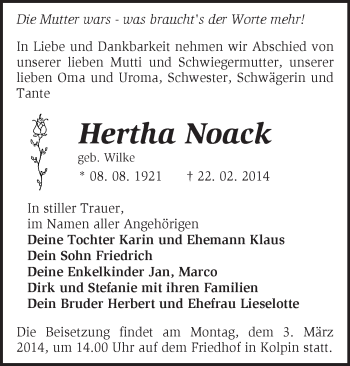 Traueranzeige von Hertha Noack von Märkische Oderzeitung