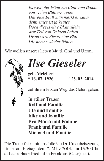 Traueranzeige von Ilse Gieseler von Märkische Oderzeitung
