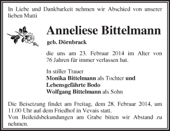 Traueranzeige von Anneliese Bittelmann von Märkische Oderzeitung