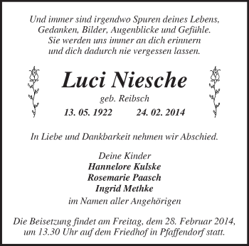 Traueranzeige von Luci Niesche von Märkische Oderzeitung