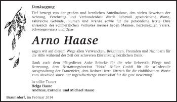 Traueranzeige von Arnpo Haase von Märkische Oderzeitung