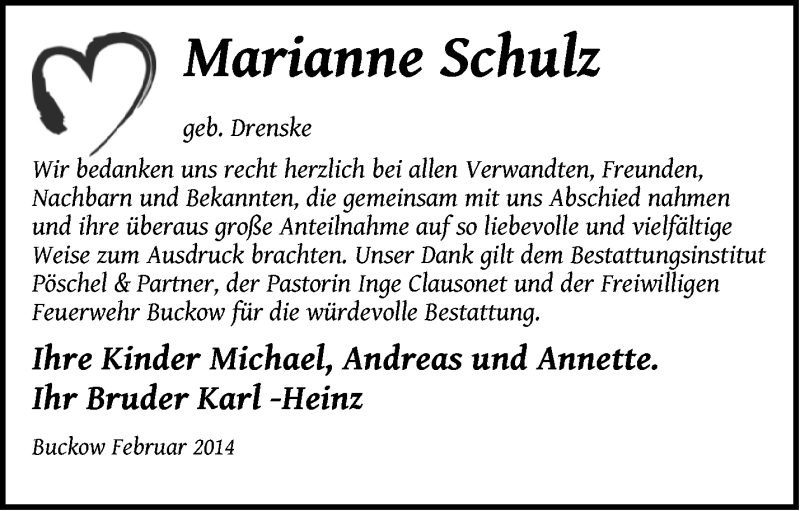  Traueranzeige für Marianne Schulz vom 27.02.2014 aus Märkische Oderzeitung
