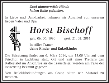 Traueranzeige von Horst Bischoff von Märkische Oderzeitung