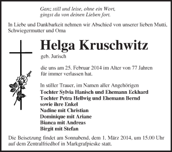 Traueranzeige von Helga Kruschwitz von Märkische Oderzeitung