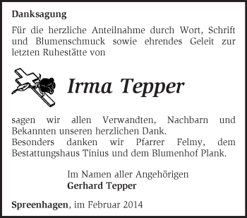 Traueranzeige von Irma Tepper von Märkische Oderzeitung