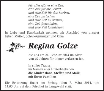 Traueranzeige von Regina Golze von Märkische Oderzeitung