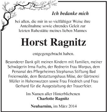 Traueranzeige von Horst Ragnitz von Märkische Oderzeitung