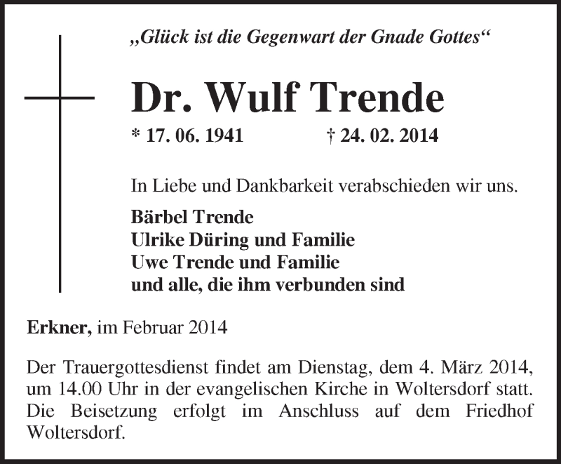  Traueranzeige für Wulf Trende vom 28.02.2014 aus Märkische Oderzeitung