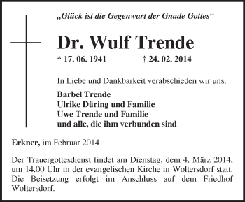 Traueranzeige von Wulf Trende von Märkische Oderzeitung