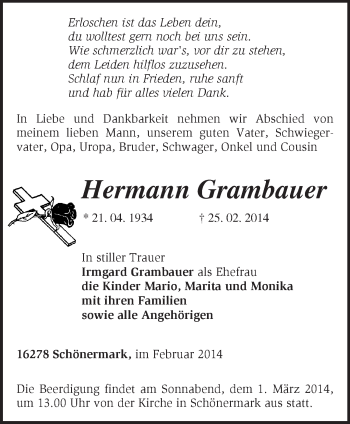 Traueranzeige von Hermann Grambauer von Märkische Oderzeitung