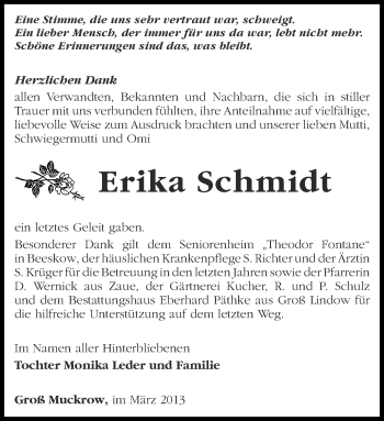 Traueranzeige von Erika Schmidt von Märkische Oderzeitung