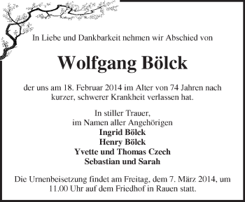 Traueranzeige von Wolfgang Bölck von Märkische Oderzeitung