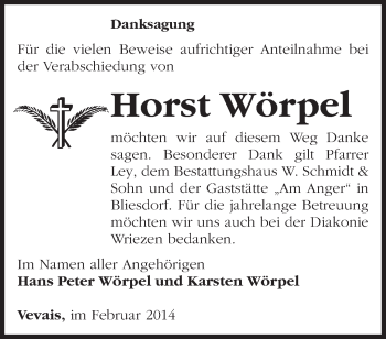 Traueranzeige von Horst Wörpel von Märkische Oderzeitung