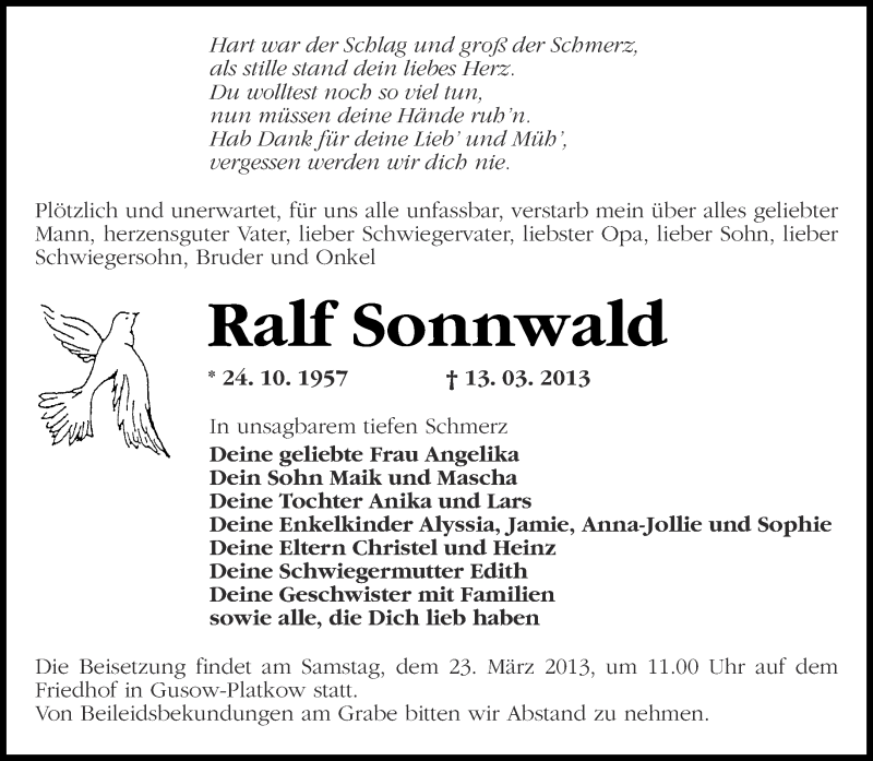  Traueranzeige für Ralf Sonnwald vom 16.03.2013 aus Märkische Oderzeitung