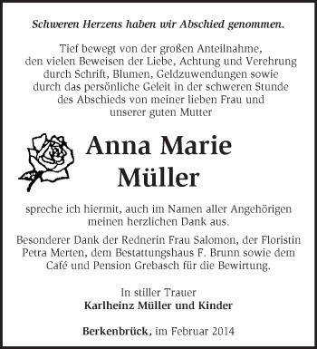 Traueranzeige von  Anna Marie Müller von Märkische Oderzeitung