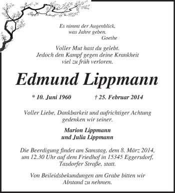 Traueranzeige von Edmund Lippmann von Märkische Oderzeitung