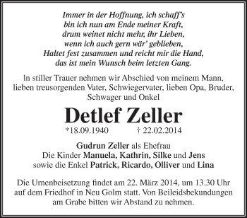 Traueranzeige von Detlef Zeller von Märkische Oderzeitung