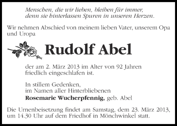 Traueranzeige von Rudolf Abel von Märkische Oderzeitung