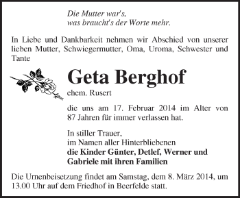 Traueranzeige von Geta Berghof von Märkische Oderzeitung