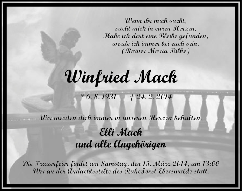  Traueranzeige für Winfried Mack vom 11.03.2014 aus Märkische Oderzeitung
