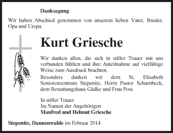 Traueranzeige von Kurt Griesche von Märkische Oderzeitung