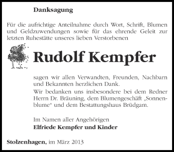 Traueranzeige von Rudolf Kempfer von Märkische Oderzeitung