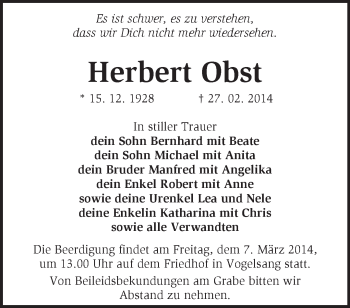 Traueranzeige von Herbert Obst von Märkische Oderzeitung