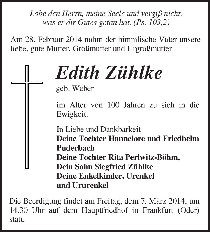  Traueranzeige für Edith Zühlke vom 04.03.2014 aus Märkische Oderzeitung