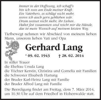 Traueranzeige von Gerhard Lang von Märkische Oderzeitung