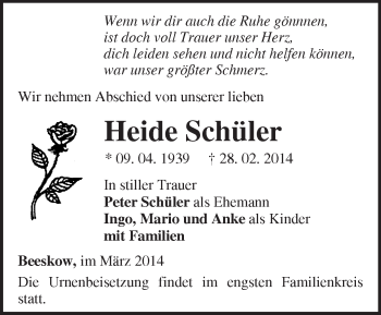 Traueranzeige von Heide Schüler von Märkische Oderzeitung